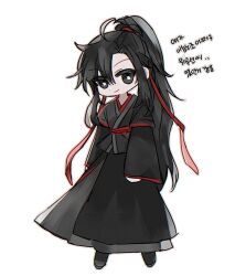  1boy ahoge black_boots black_eyes black_hair black_hanfu boots chibi chibi_only chinese_clothes closed_mouth full_body hair_ribbon hanfu korean_clothes korean_text long_hair long_sleeves looking_at_viewer male_focus modao_zushi mugwortrice ponytail red_ribbon red_sash ribbon robe sash sidelocks simple_background smile solo standing very_long_hair wei_wuxian white_background wide_sleeves 