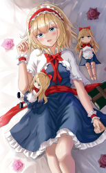  1girl absurdres alice_margatroid blonde_hair blue_dress blue_eyes blush book breasts capelet commentary doll dress flower frilled_dress frilled_hairband frills grimoire grimoire_of_alice hairband highres lolita_hairband looking_at_viewer lying medium_breasts on_back open_mouth pink_flower pink_rose red_hairband rose shanghai_doll smile solo touhou white_capelet wrist_cuffs yuki_(snowmaiden) 