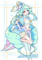  1girl absurdres aqua_bow aqua_bowtie aqua_hair aqua_skirt blue_hat boater_hat bow bowtie bridal_gauntlets brooch butterfly_hat_ornament commentary cropped_shirt cure_eclair drill_hair earrings gloves grey_gloves hand_on_own_hip hat hat_ornament heart heart_brooch highres hisokuasagi334 impossible_hair jewelry leg_up long_hair looking_at_viewer magical_girl meitantei_precure! midriff navel open_mouth outline precure shirt showgirl_skirt single_thighhigh skirt sleeveless sleeveless_shirt smile solo standing standing_on_one_leg thigh-highs tilted_headwear twitter_username very_long_hair white_outline white_shirt white_thighhighs yellow_eyes 