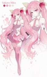  1girl absurdres arm_tattoo bare_shoulders blush boots breasts cherry_blossom_print cherry_blossoms cherry_hair_ornament collared_shirt commentary_request detached_sleeves floral_print food-themed_hair_ornament full_body hair_between_eyes hair_ornament hatsune_miku headset highres konikoni1002 long_hair long_sleeves looking_at_viewer miniskirt necktie number_tattoo open_mouth pink_boots pink_eyes pink_hair pink_necktie pink_skirt pink_sleeves pleated_skirt sakura_miku shirt skirt sleeveless sleeveless_shirt small_breasts smile solo tattoo thigh_boots thighs twintails very_long_hair vocaloid wide_sleeves zettai_ryouiki 