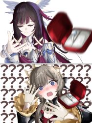  2girls ? @_@ absurdres bare_shoulders black_collar black_hair blue_eyes blush bow brown_hair closed_eyes closed_mouth collar columbina_(genshin_impact) detached_sleeves dress eye_mask genshin_impact gloves hair_ornament head_wings highres jewelry long_hair mask meme motion_blur multicolored_hair multiple_girls open_mouth purple_hair purple_streaks pyipyimime ribbon ring sandrone_(genshin_impact) short_hair_with_long_locks simple_background smile streaked_hair tossing two-tone_hair upper_body very_long_hair white_background white_bow white_dress white_ribbon white_wings wing_hair_ornament wings woe_plague_be_upon_ye_(meme) wrist_bow yuri 