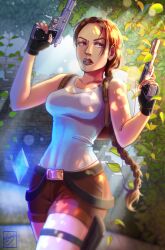  1girl absurdres arms_up belt_buckle braid brown_eyes brown_hair buckle gun h&amp;k_usp handgun highres holding holding_weapon holster jungle lara_croft lips looking_to_the_side lowojii nature overgrown shorts signature tank_top tomb_raider weapon 