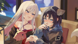  2girls @_@ absurdres animal_ears bare_shoulders black_hair black_kimono blue_eyes blue_hair blue_hoodie blue_kimono blue_nails blush cho_kaguya-hime! colored_inner_hair commentary forehead_jewel fox_ears fox_girl fox_tail highres hood hood_down hoodie interlocked_fingers japanese_clothes kimono long_hair long_sleeves maho_(m_m_catdog) multicolored_hair multiple_girls nail_polish off_shoulder open_mouth runami_yachiyo sakayori_iroha short_hair sidelocks tail umbrella_octopus untranslatable_commentary white_hair yuri 