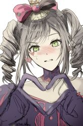  1girl absurdres akumu_no_niwa_wo_utai_akashite_(project_sekai) alternate_costume blush borrowed_hairstyle buttons commentary_request cosplay crown detached_collar dress drill_hair earrings facial_mark food-themed_hair_ornament four-finger_heart_hands gloves green_eyes grey_hair hair_ornament hands_up heart heart_earrings heart_facial_mark heart_hands highres hinomori_shiho illust_shiho jewelry long_sidelocks looking_at_viewer macaron_hair_ornament mark_under_eye medium_hair mini_crown nose_blush parted_lips project_sekai purple_dress purple_gloves raised_eyebrow ringlets shinonome_ena shinonome_ena_(cosplay) sidelocks simple_background solo sweatdrop swept_bangs twin_drills twintails two-tone_bow upper_body white_background 