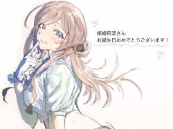  1girl birthday blue_eyes blue_shirt blush brown_hair commentary_request crop_top frilled_gloves frilled_shirt frills gakuen_idolmaster gloves happy_birthday heart highres himesaki_rinami idolmaster index_finger_raised light_blush long_hair looking_at_viewer open_mouth outline polka_dot_outline ponytail portrait shirt short_sleeves solo solo_focus swallow495 teeth text_focus white_background white_gloves 