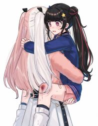  2girls aoki_shizumi arms_around_neck bad_id bad_twitter_id black_hair blood blood_on_leg blue_shirt carrying carrying_person d4dj double_bun hair_bun hair_ornament hairclip hand_on_another's_thigh highres injury jacket kaibara_michiru long_hair multicolored_hair multiple_girls pink_hair pink_jacket pink_skirt pleated_skirt red_eyes scraped_knee shinomiya_kokoa shirt simple_background skirt socks star_(symbol) star_hair_ornament streaked_hair tearing_up tears twintails two-tone_hair white_background white_hair white_shirt white_socks 