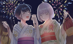  2girls alternate_hairstyle bag black_hair blue_kimono blush closed_eyes closed_mouth commentary fireworks floral_print gridman_universe hair_up highres holding holding_bag holding_hands japanese_clothes kimono medium_hair multiple_girls obi open_mouth pants_132 purple_hair purple_sash red_sash sash shinjou_akane smile ssss.gridman takarada_rikka wide_sleeves yellow_kimono yukata yuri 