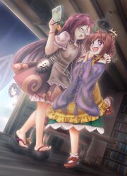  +_+ 3girls apron bell black_sand book bookshelf bottle bow brown_eyes brown_hair brown_shirt brown_skirt checkered_clothes checkered_kimono clothes_writing comedic_sweatdrop commentary_request dazonipsf frilled_bow frilled_hair_tubes frills futatsuiwa_mamizou glasses hair_bell hair_bow hair_ornament hair_tubes hakurei_reimu holding japanese_clothes jingle_bell kimono leaf leaf_on_head leg_up long_hair long_sleeves motoori_kosuzu multiple_girls open_mouth platform_sandals red_bow red_shoes sake_bottle sandals scroll shirt shoes skirt smile socks standing standing_on_one_leg touhou white_socks wide_sleeves yellow_apron 