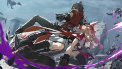  1boy 1girl absurdres animal_ears architecture arknights arknights:_endfield black_gloves black_hair blonde_hair brother_and_sister commentary_request fingerless_gloves gloves gun handgun height_difference highres holding holding_gun holding_weapon long_hair lupinu5 outdoors profile rossi_(arknights) scenery short_hair siblings solo weapon wolf_boy wolf_ears wolf_girl wulfgard_(arknights) 