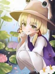 1girl :q alto6660666 black_boots blonde_hair blush boots brown_hat closed_mouth commentary_request full_body hair_ribbon hand_up hat loafers long_sleeves looking_at_viewer medium_hair miniskirt moriya_suwako outdoors parted_bangs purple_skirt purple_vest pyonta red_ribbon ribbon shirt shoes skirt smile solo squatting thigh-highs tongue tongue_out touhou turtleneck turtleneck_shirt v-shaped_eyebrows vest white_shirt white_thighhighs wide_sleeves yellow_eyes zettai_ryouiki 