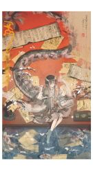  1girl arknights barefoot black_hair book dragon_girl dragon_horns dragon_tail dress full_body highres holding holding_book horns jie_(arknights) kotowaza open_book pointy_ears reading scroll short_hair sitting soaking_feet solo tail tea_set teapot very_long_tail water white_dress 