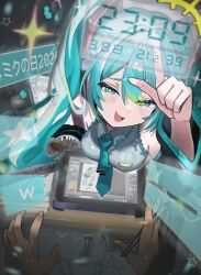  1girl absurdres aqua_eyes aqua_hair aqua_nails aqua_necktie bare_shoulders black_sleeves blue_eyes blue_hair blue_necktie commentary_request countdown_timer detached_sleeves fang grey_shirt hatsune_miku highres miku_day naaga_sonomono necktie open_mouth shirt skin_fang sleeveless sleeveless_shirt twintails vocaloid 