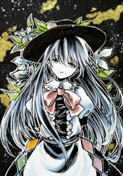  1girl apron arms_behind_back black_hat blue_eyes blue_hair bow bowtie center_frills closed_mouth collared_shirt commentary_request frilled_shirt_collar frills fruit_hat_ornament hat hat_ornament highres hinanawi_tenshi ikeda_ruriko leaf leaf_hat_ornament long_hair looking_at_viewer peach_hat_ornament puffy_short_sleeves puffy_sleeves red_bow red_bowtie shirt short_sleeves skirt smile solo touhou very_long_hair waist_apron white_apron white_shirt 