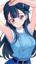  1girl arms_up belt blue_eyes blue_hair blue_shirt blue_skin breasts colored_skin hair_bun heart highres hugtto!_precure kakikakilemon long_hair looking_at_viewer medium_breasts precure shirt single_hair_bun sleeveless sleeveless_shirt yakushiji_saaya 