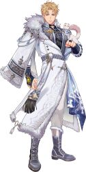  1boy animal animal_on_arm bags_under_eyes belt black_boots black_gloves blonde_hair boots bracelet bridal_gauntlets clothed_animal covered_pectorals ermine ferret forehead full_body fur-trimmed_boots fur-trimmed_robe fur_trim gem gloves grey_belt hadanugi_dousa highres infinity_alpha_studio jewelry large_pectorals long_sleeves looking_at_viewer male_focus muscular muscular_male nu_carnival official_alternate_costume official_art orange_eyes pants parted_bangs pectorals quincy_(nu_carnival) quincy_(snow_patrol)_(nu_carnival) robe rope_belt short_hair simple_background tachi-e tassel taut_clothes tight_clothes topper_(nu_carnival) v-taper weasel white_pants yellow_gem 