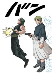  1boy 1girl blood blood_on_face dragon_ball drixonfire elec_shooting_granolah_(meme) firing gun highres jujutsu_kaisen meme multiple_scars scar sleeveless smirk weapon zen'in_maki zen'in_naoya 