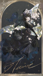  :o absurdres aoseagrass banner black_dress black_gloves black_hair black_hat black_shoes black_veil blue_eyes bob_cut border bouquet chinese_commentary commentary_request copyright_notice dress falling_petals flower from_side full_body gloves grey_background harei_(virtuareal) hat highres holding holding_bouquet juliet_sleeves long_dress long_sleeves nijisanji official_art ornate_border petals puffy_sleeves rose shoes short_hair skirt_hold sparkle veil virtual_youtuber virtuareal white_flower white_rose 
