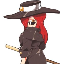  1girl black_coat black_hat coat commission cosplay cowboy_hat from_behind guilty_gear hair_over_one_eye hat holding holding_staff inkerton-kun johnny_(guilty_gear) johnny_(guilty_gear)_(cosplay) long_hair looking_at_viewer looking_back parasoul_(skullgirls) pursed_lips red_hair second-party_source skullgirls solo staff sunglasses transparent_background upper_body v-shaped_eyebrows wide_brim yellow_eyes 