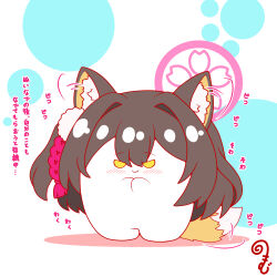  afterimage animal_ear_fluff animal_ears blue_archive blush brown_hair chibi closed_mouth colored_shadow commentary_request ear_wiggle fang fang_out fox_ears fox_tail full_body hair_between_eyes hair_intakes halo highres izuna_(blue_archive) kurukurumagical looking_at_viewer one_side_up own_hands_together shadow simple_background smile solo standing tail tail_wagging translation_request white_background yellow_eyes 