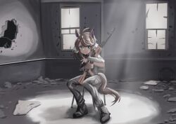  ace_combat ace_combat_zero ak-47 artist_logo artist_name assault_rifle boots chair commentary_request cosplay daring_tact_(umamusume) green_eyes gun highres holding holding_gun holding_weapon hole_in_wall horse_girl kalashnikov_rifle larry_foulke larry_foulke_(cosplay) logo meme rascal-teitoku rifle rubble scene_reference sitting solo umamusume weapon yo_buddy._still_alive?_(meme) 