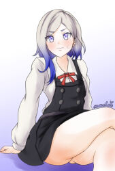  1girl asashio_(kancolle) asashio_(kancolle)_(cosplay) asashio_kai_ni_(kancolle) asashio_kai_ni_(kancolle)_(cosplay) asymmetrical_hair black_dress blonde_hair blue_hair collared_shirt commentary_request cosplay dress dress_shirt gradient_background gradient_hair highres jean_bart_(kancolle) kantai_collection multicolored_hair nawohata one-hour_drawing_challenge pinafore_dress shirt short_hair sleeveless sleeveless_dress solo violet_eyes white_background white_shirt 