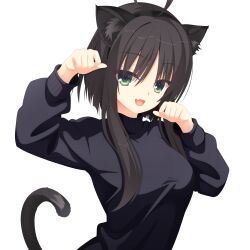  1girl :d absurdres ahoge alternate_costume animal_ear_fluff animal_ear_hairband animal_ears black_hair black_hairband black_sweater breasts casual cat_ear_hairband cat_ears cat_tail commentary eyes_visible_through_hair fake_animal_ears fake_tail fang green_eyes hair_between_eyes hairband hands_up highres hitachi_mako kaon_zz large_breasts long_sleeves looking_at_viewer open_mouth paw_pose senren_banka short_hair_with_long_locks simple_background skin_fang smile solo straight_hair sweater tail tail_raised turtleneck turtleneck_sweater upper_body white_background 