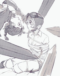  2girls aviator_cap bound braid commentary_request doll_joints expressionless eye_contact goggles goggles_on_headwear greyscale highres identity_v joints looking_at_another monochrome multiple_girls sencharotte short_hair tracy_reznik twin_braids upside-down violetta_(identity_v) 