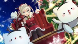 1girl absurdres ahoge animal_ear_fluff animal_ears antlers bell belt black_belt black_thighhighs blue_eyes bow bowtie cat_ears cat_girl christmas christmas_tree commission dabi_(15dldl15) detached_sleeves dress fish_skeleton_hair_ornament fur-trimmed_dress fur-trimmed_headwear fur-trimmed_sleeves fur_trim green_bow green_bowtie grey_hair hair_ornament hair_ribbon hat highres horns indie_virtual_youtuber nachu_(vtuber) neck_bell night open_mouth outdoors red_dress red_hat red_nose red_ribbon reindeer_antlers ribbon santa_costume santa_dress santa_hat sitting sky sleigh snowflakes star_(symbol) star_hair_ornament thigh-highs twintails virtual_youtuber 
