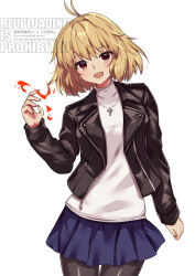  1girl :d ahoge arcueid_brunestud black_jacket black_pantyhose blonde_hair blue_skirt commission cowboy_shot cross cross_necklace fingernails hair_intakes highres jacket jewelry leather leather_jacket looking_at_viewer miniskirt necklace open_clothes open_jacket pantyhose pleated_skirt ral_(ralf) red_eyes sharp_fingernails short_hair skeb_commission skirt smile sweater teeth tsukihime tsukihime_(remake) turtleneck turtleneck_sweater upper_teeth_only watermark white_sweater 