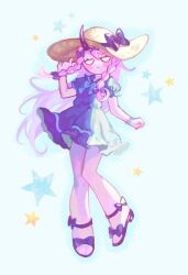  1girl :< adjusting_clothes adjusting_headwear arm_at_side bare_arms bare_legs black_bow black_dress black_horns black_sailor_collar black_sandals blank_eyes blue_background blue_bow blue_bowtie bow bowtie braid braided_sidelocks breasts brown_hat closed_mouth colored_skin commentary_request demon_girl demon_horns double-parted_bangs dress footwear_bow friday_night_funkin' frilled_dress frilled_sleeves frills full_body hair_between_eyes hair_bow hair_ornament halftone halftone_background hand_up hat hat_bow high_heel_sandals horns jitome knees_together_feet_apart long_hair looking_at_viewer pink_hair pink_skin puffy_short_sleeves puffy_sleeves rasazy_(friday_night_funkin') rinmitsu sailor_collar sandals short_dress short_sleeves simple_background single_horn small_breasts solo standing standing_on_one_leg star_(symbol) star_symbol_background sun_hat very_long_hair x_hair_ornament 