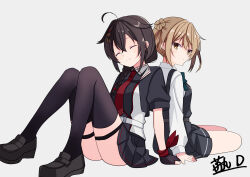  2girls absurdres ahoge back-to-back black_dress black_gloves black_hair black_jacket black_shirt black_skirt black_thighhighs braid brown_hair closed_eyes collared_shirt commentary_request donut_hair_bun double_bun dress dress_shirt fingerless_gloves gloves hair_bun hair_flaps hair_over_shoulder highres ichigomaru_d jacket kantai_collection long_hair michishio_(kancolle) michishio_kai_ni_(kancolle) multiple_girls necktie pleated_skirt red_necktie shigure_(kancolle) shigure_kai_san_(kancolle) shirt short_hair signature simple_background single_braid sitting skirt thigh-highs two-tone_shirt white_background white_shirt 