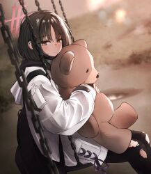  1girl blue_archive from_side highres looking_at_viewer misaki_(blue_archive) on_see sitting skebisu solo stuffed_animal stuffed_toy teddy_bear 