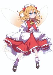  1girl ascot blonde_hair blue_eyes brown_shoes commentary_request fairy fairy_wings frilled_skirt frilled_sleeves frills full_body headdress highres long_hair long_sleeves mary_janes mi_kamii2 orange_hair red_skirt shoes skirt socks solo sunny_milk touhou watermark white_socks wide_sleeves wings yellow_ascot 