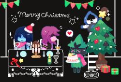  1girl 1other 2boys alcohol androgynous animal_ears barefoot black_hair blue_skin blush boombox bow box cake candle candlestand chibi chibi_only christmas_tree closed_eyes closed_mouth colored_skin colored_teeth commentary_request cuirass cup deltarune drinking_glass eighth_note food fork furry furry_female furry_male gift gift_box green_hat hat heart holding holding_plate kae77p kris_(dark_world)_(deltarune) kris_(deltarune) ladder lancer_(deltarune) long_hair long_sleeves merry_christmas mini_hat mini_santa_hat multiple_boys musical_note no_eyes open_mouth pink_scarf pixel_art plate purple_hair purple_skin ralsei ralsei_(hat) red_bow red_hat santa_hat scarf shaded_face short_hair smile speech_bubble spoken_heart susie_(dark_world)_(deltarune) susie_(deltarune) table utdr_(toby_fox) wine wine_glass yellow_teeth 