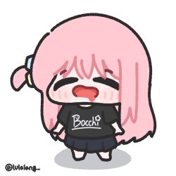  1girl black_shirt black_skirt bocchi_the_rock! chibi chibi_only closed_eyes clothes_writing drooling facing_viewer full_body gotoh_hitori happy highres long_hair lulalang mouth_drool one_side_up open_mouth pink_hair shirt simple_background skirt smile solo standing twitter_username white_background 
