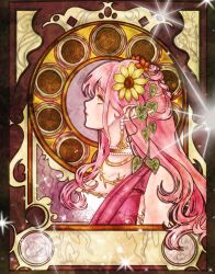  1girl art_nouveau bare_shoulders bead_choker beads brown_background brown_eyes choker closed_mouth commentary dress english_commentary expressionless eyelashes eyeshadow flower from_side gold_choker gold_necklace hair_flower hair_ornament hair_rings highres jewelry leaf_hair_ornament lens_flare light_frown lipstick long_hair long_sidelocks looking_ahead makeup necklace nikki_(nikki) nikki_(series) owy_ewi picture_frame pink_eyeshadow pink_hair pink_sash plant pointy_ears pointy_nose red_flower red_lips sash shining_nikki sidelocks solo sparkle strapless strapless_dress sunflower upper_body very_long_hair vines wavy_hair white_dress yellow_flower 