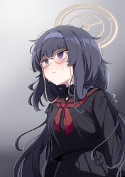  1girl absurdres alternate_costume arms_at_sides balenjeong black_hair black_serafuku blue_archive blush breasts closed_mouth commentary_request eyewear_strap glasses gradient_background hairband halo highres jewelry jitome korean_commentary long_hair long_sleeves looking_afar looking_ahead neckerchief necklace pendant purple_hairband red_neckerchief round_eyewear school_uniform serafuku simple_background solo sweatdrop ui_(blue_archive) undershirt upper_body variant_set very_long_hair violet_eyes yellow_halo 