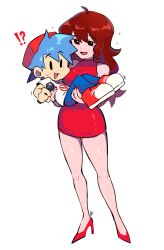  !? 1boy 1girl absurdres benzbt black_eyes blue_hair boyfriend_(friday_night_funkin') brown_hair carrying carrying_person dress friday_night_funkin' girlfriend_(friday_night_funkin') heart high_heels highres holding holding_microphone looking_at_viewer microphone nail_polish open_mouth red_dress red_nails red_shoes shirt shoes sleeveless sleeveless_dress smile white_background white_shirt 