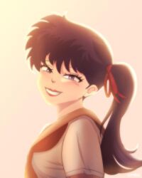  1girl absurdres artist_name black_hair blue_eyes english_commentary grin highres kunou_kodachi looking_at_viewer omiss_(kuromiss) ponytail ranma_1/2 red_ribbon ribbon school_uniform smile solo tagme upper_body 