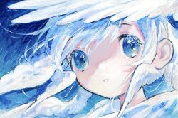  1girl angel blue_eyes blue_hair blue_theme commentary head_wings hidari_(nanmu-left) highres original portrait solo untranslatable_commentary white_hair wings 