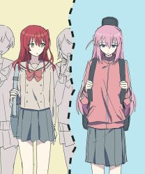  2girls bag blue_background blue_eyes bocchi_the_rock! bow bowtie buttons commentary_request faceless gotoh_hitori green_eyes grey_skirt guitar_case hair_between_eyes hair_ornament hairpin instrument_case kita_ikuyo kmznkdmm korean_commentary long_hair long_skirt long_sleeves looking_at_another looking_down looking_to_the_side medium_hair multiple_girls open_mouth pink_hair pink_track_suit red_bow red_hair sad school_bag school_uniform shoulder_bag skirt split split_screen track_suit yellow_background 