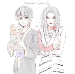  2girls bandaged_arm bandages black_eyes black_hair black_kimono breasts commentary english_commentary eyeshadow fishnet_top fishnets flower grin highres holding holding_bread holding_flower japanese_clothes kimono large_breasts long_hair long_sleeves looking_at_viewer makeup may_c multiple_girls naruto_(classic) naruto_(series) purple_eyeshadow purple_sash red_eyes sash shizune_(naruto) short_hair signature single_bare_shoulder smile untranslatable_commentary wide_sleeves women's_day yuuhi_kurenai 