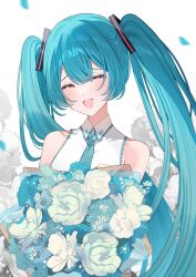  1girl aqua_hair aqua_necktie aqua_trim blue_flower bouquet collared_shirt commentary_request flower hair_between_eyes hair_ornament hatsune_miku highres holding holding_bouquet long_hair miku_day necktie open_mouth shirt sleeveless sleeveless_shirt smile solo twintails umireki very_long_hair vocaloid white_flower white_shirt 