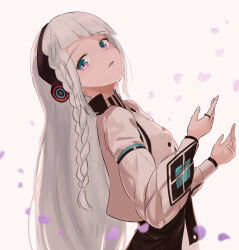  1girl braid commentary_request from_side haru_(cevio) headphones highres long_hair looking_at_viewer misho39 side_braid standing straight_hair white_hair 