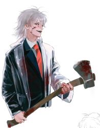  1boy axe black_jacket blood blood_on_axe blood_on_clothes blood_on_face blood_on_hands collared_shirt cosplay grey_hair highres holding holding_axe jacket male_focus nagisa_kaworu necktie neon_genesis_evangelion open_mouth patrick_bateman patrick_bateman_(cosplay) raincoat red_eyes red_necktie see-through_clothes see-through_raincoat shirt short_hair simple_background ssssenferda suit_jacket white_background 