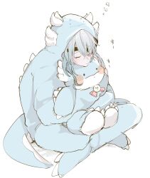  1boy anaxa_(honkai:_star_rail) anaxa_(whatsamatta)_(honkai:_star_rail) blue_pajamas blush closed_eyes commentary cosplay crossed_legs dromas_(honkai:_star_rail) eyepatch full_body green_hair highres holding holding_stuffed_toy honkai:_star_rail honkai_(series) hood hooded_pajamas hug kigurumi male_focus onesie pajamas simple_background sketch sleeping solo squeans stuffed_dinosaur stuffed_toy translated twintails white_background yu_(yyy6_y1_yy7) 