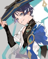  1boy anemo_symbol_(genshin_impact) arm_at_side armor black_bodysuit black_bridal_gauntlets blue_cape blue_gem blue_hat blue_jingasa blue_kimono blue_sleeves blunt_ends bodysuit bridal_gauntlets bright_pupils cape choppy_bangs commentary_request covered_collarbone eyelashes eyeliner feathers fingernails gem genshin_impact gold grey_eyes hand_up hat head_down japanese_armor japanese_clothes jingasa juban kimono kote kurokote layered_sleeves looking_at_viewer makeup male_focus mandarin_collar nanora_(sero4) open_clothes open_kimono parted_lips pom_pom_(clothes) portrait purple_hair purple_sash red_eyeliner sash scaramouche_(genshin_impact) short_sleeves shoulder_peek side_cape signature smirk solo tilted_headwear tsurime vision_(genshin_impact) wanderer_(genshin_impact) white_background white_kimono white_mouth white_pupils white_sleeves yellow_feathers 