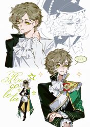  ... 1girl absurdres alternate_hair_length alternate_hairstyle ascot black_boots black_hat black_jacket boots brown_hair cape character_name chinese_commentary closed_mouth commentary_request green_cape green_eyes hand_on_own_neck hat highres jacket jo_jun mole mole_under_eye multiple_views parted_lips recoleta_(reverse:1999) reverse:1999 sash shirt short_hair shoulder_sash side_cape sparkle speech_bubble spoken_ellipsis star_(symbol) thigh_boots upper_body white_ascot white_background white_sash white_shirt 