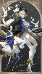  1boy absurdres aoseagrass ascot bird black_coat black_gloves black_hat blue_eyes boots border brown_shirt chinese_commentary closed_mouth coat commentary_request copyright_notice full_body gloves grey_background hat hat_feather highres kouichi_(virtuareal) long_braid long_hair looking_at_viewer male_focus nijisanji official_art ornate_border pants shirt smile solo sparkle too_many too_many_birds tricorne virtual_youtuber virtuareal white_ascot white_bird white_boots white_hair white_pants 