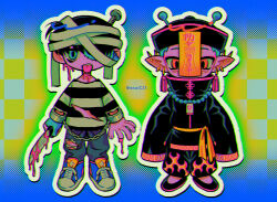  2boys black_hair black_pants black_shoes blood blood_on_knife blue_eyes blue_hair blue_pants blue_shoes chibi chibi_only commentary_request cuffs denim ear_piercing halloween_costume highres holding holding_knife jeans jiangshi_costume knife male_focus menma_(enaic31) multiple_boys open_mouth orange_eyes original outline pants piercing pointy_ears shackles shirt shoes short_hair sleeves_past_fingers sleeves_past_wrists sneakers striped_clothes striped_shirt teeth tongue tongue_out torn_clothes torn_jeans torn_pants twitter_username upper_teeth_only white_outline 